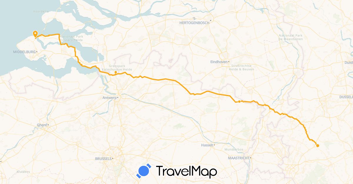 TravelMap itinerary: driving, cycling in Belgium, Germany, Netherlands (Europe)