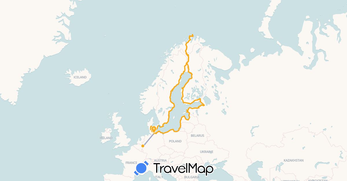 TravelMap itinerary: boat, train, cycling in Germany, Denmark, Estonia, Finland, Lithuania, Latvia, Norway, Poland, Russia, Sweden (Europe)