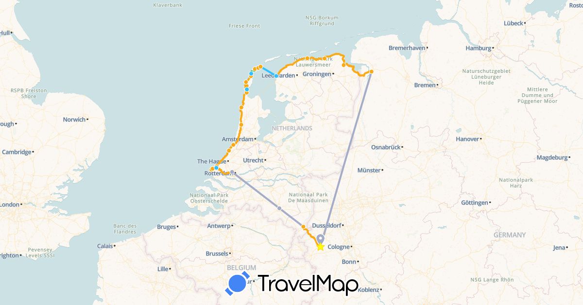 TravelMap itinerary: driving, bus, boat, train, cycling in Germany, Netherlands (Europe)